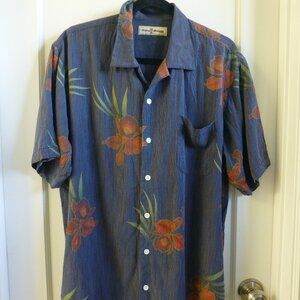 Tommy Bahama Men’s L Blue Floral Hawaiian Silk Blend Short Sleeve Button Down
